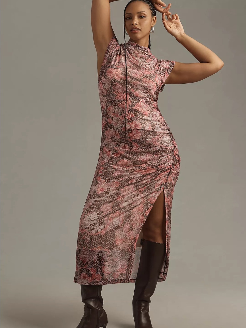 Anthropologie Pink Floral Side-Ruched Midi Dress with Slit